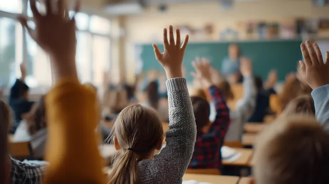 Schüler heben Hände im Klassenzimmer