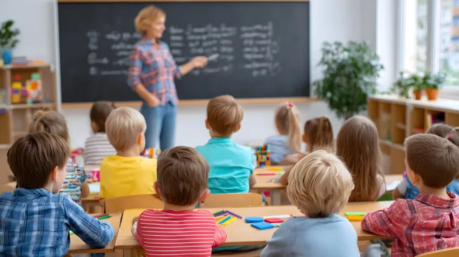 Schüler im Klassenzimmer mit Lehrerin an der Tafel