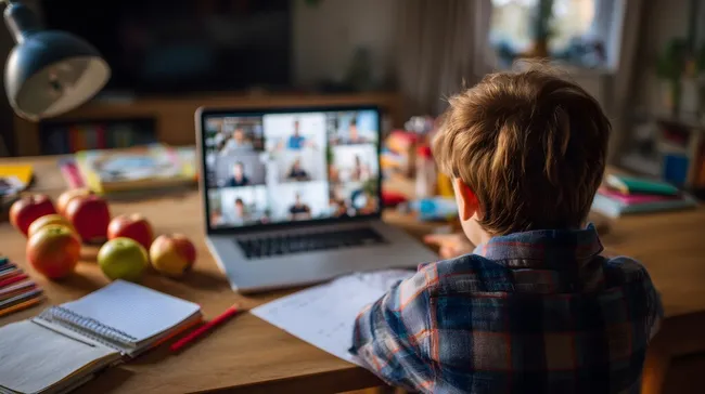 Schüler lernt online in Videokonferenz mit Lehrer