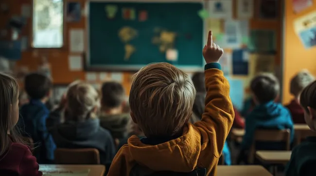 Schüler mit erhobener Hand im Klassenzimmer