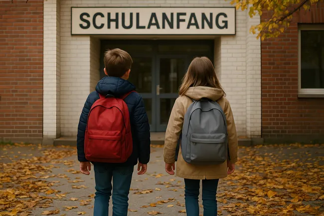 Schüler mit Rucksäcken vor Schuleingang im Herbst