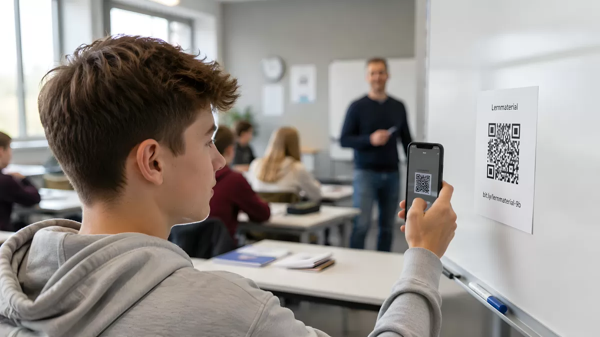 Schüler scannt QR-Code im Klassenraum mit Smartphone