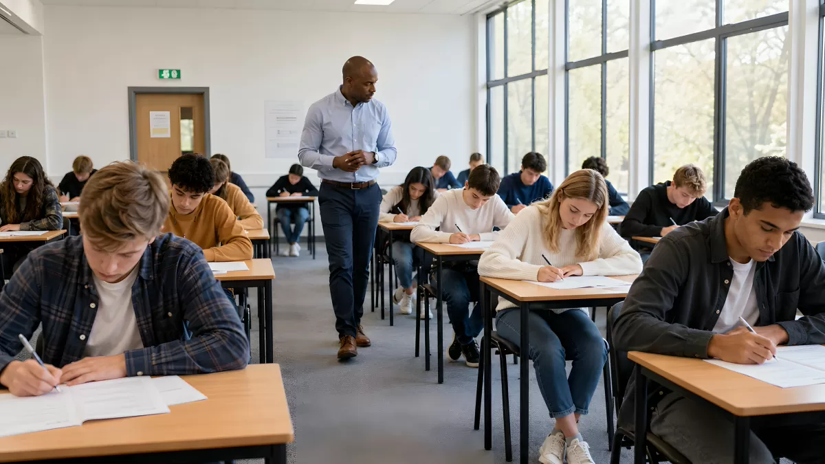 Schüler schreiben Klassenarbeit unter Lehreraufsicht