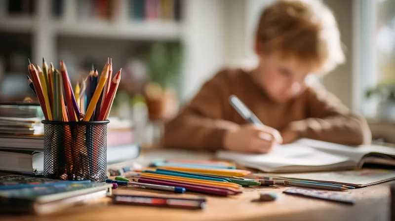 Schüler schreibt in Notizbuch umgeben von Stiften und Linealen