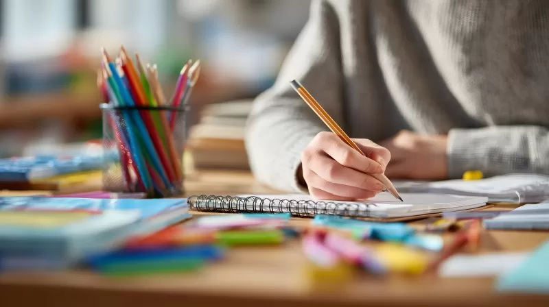 Schüler schreibt in Notizheft mit Bleistift im Klassenzimmer