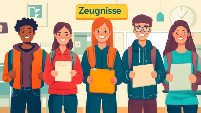 Schüler stolz auf ihre Zeugnisse in der Schule