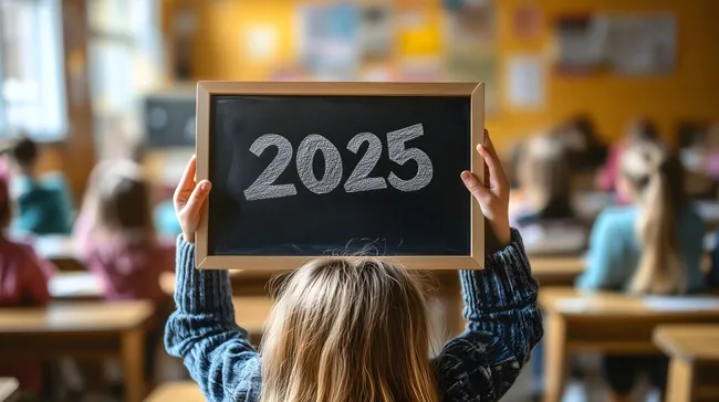 Schüler zeigt Jahreszahl 2025 an Tafel im Klassenzimmer