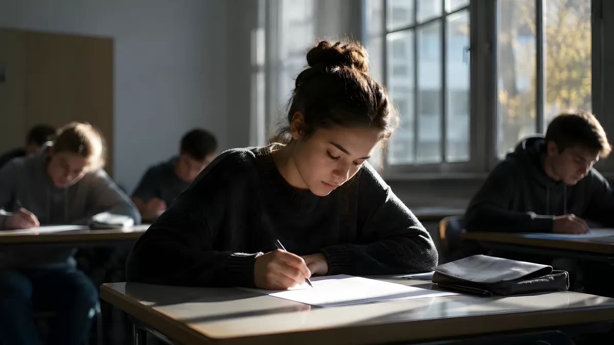 Schülerin arbeitet konzentriert an Klassenarbeit