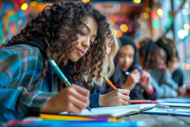 Schülerin lernt und gestaltet kreativ