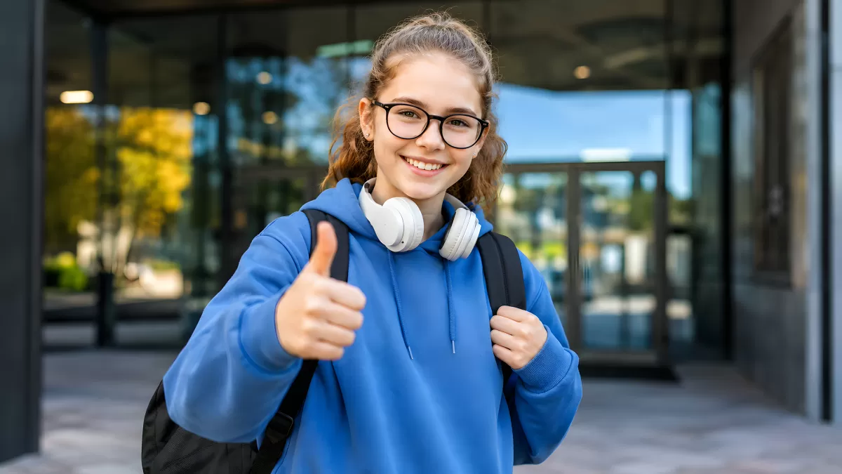 Schülerin mit Rucksack gibt Daumen hoch vor Schule