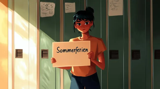 Schülerin mit Sommerferien-Schild in der Schulgarderobe