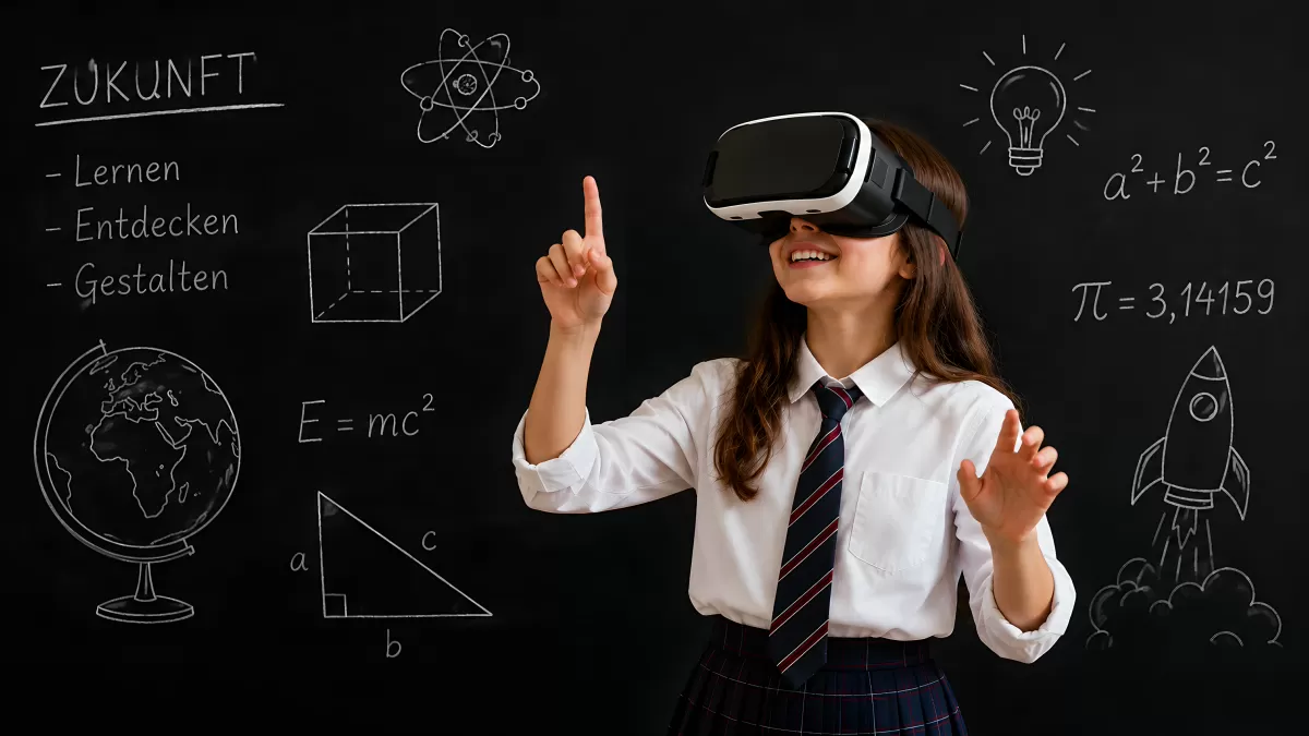 Schülerin mit VR-Brille an Tafel mit Formeln
