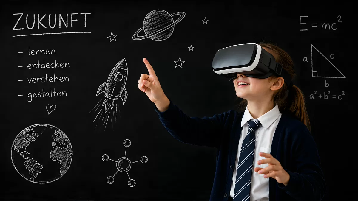 Schülerin mit VR-Brille vor Schultafel mit Zukunftsthemen