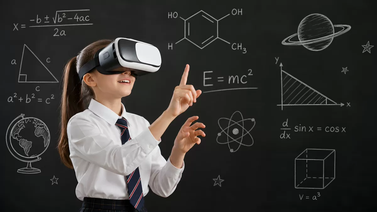 Schülerin mit VR-Brille vor Tafel mit Formeln