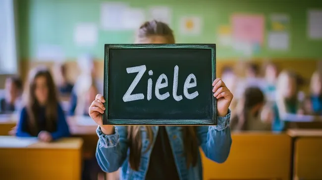 Schülerin mit Ziele-Tafel im Klassenzimmer