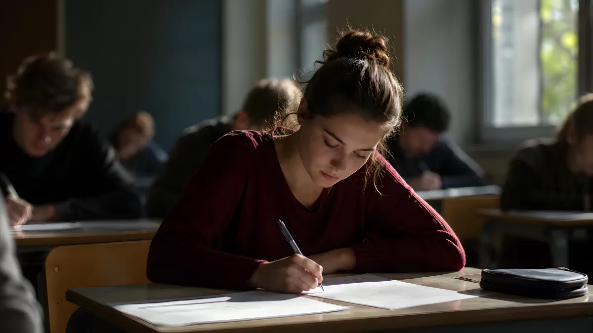 Schülerin schreibt konzentriert in der Klassenarbeit