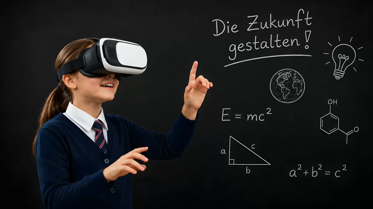 Schülerin trägt VR-Brille vor Tafel mit Formeln