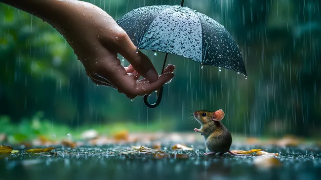 Schützender Regenschirm für eine Maus im Regen