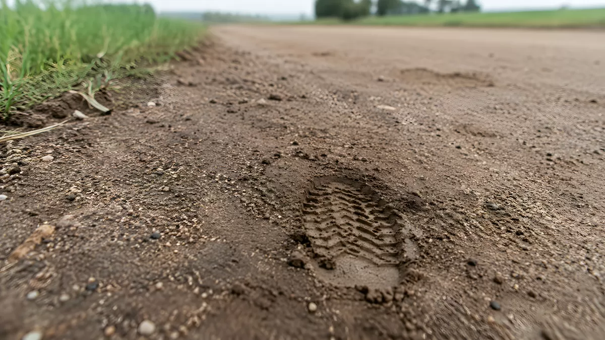 Schuhabdruck im feuchten Lehmboden am Feldweg