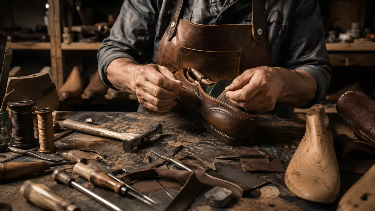 Schuhmacher arbeitet von Hand an einem Lederschuh