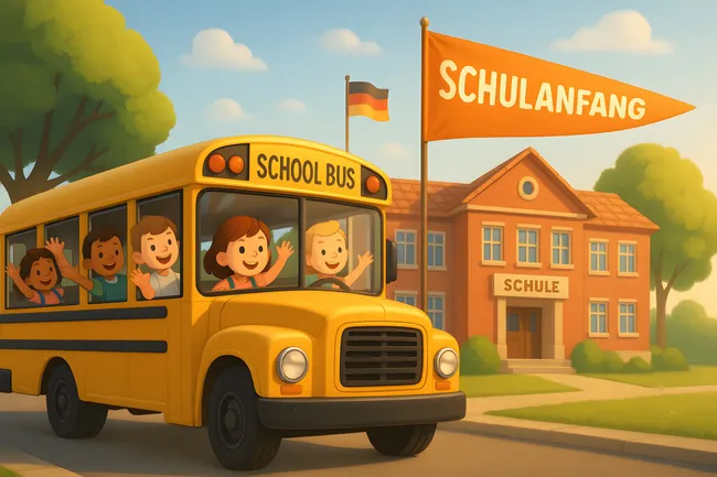 Schulanfang mit fröhlichen Kindern im Schulbus