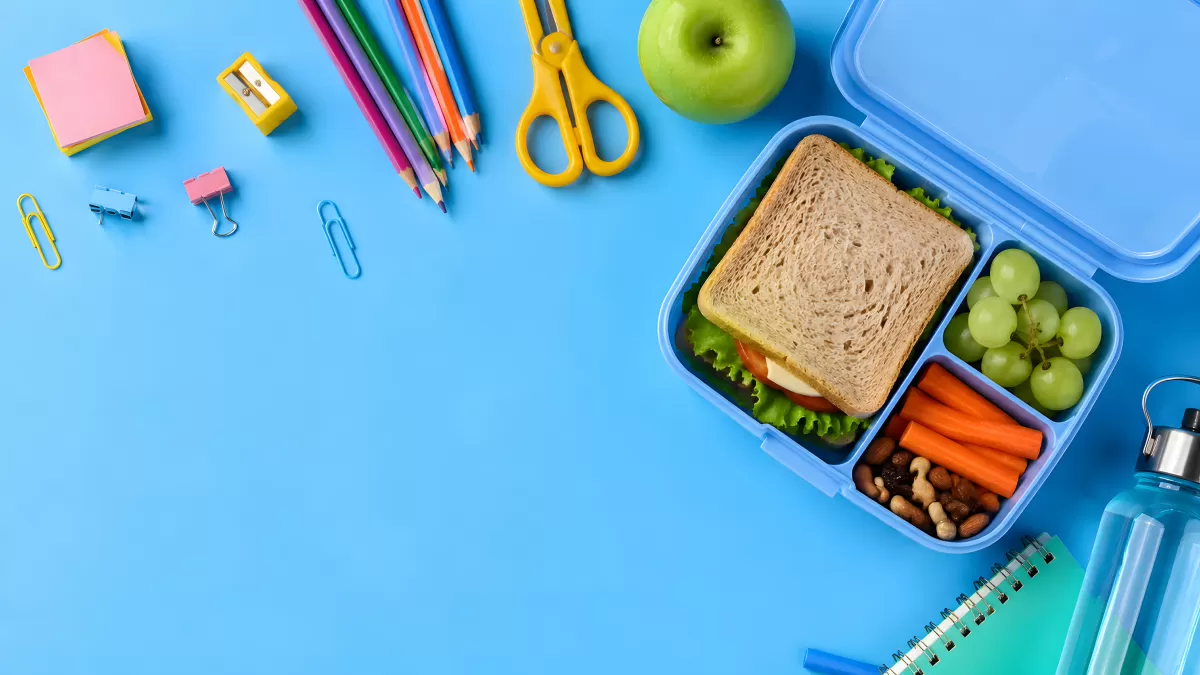 Schulbrotdose mit Sandwich, Möhren und Schulmaterial