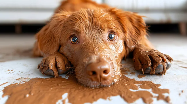 Schuldiger Blick eines verschmutzten Hundes auf dem Boden