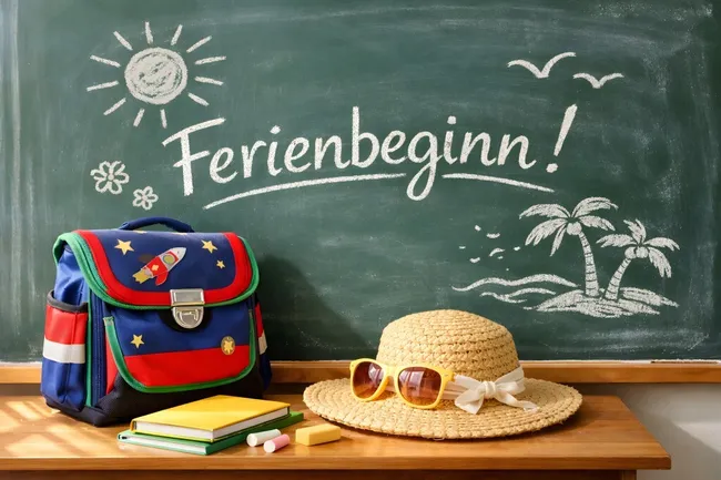 Schulferienbeginn mit Schulrucksack und Sonnenhut