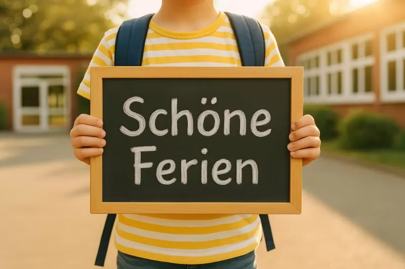 Schulkind mit Tafel Schöne Ferien auf dem Schulhof