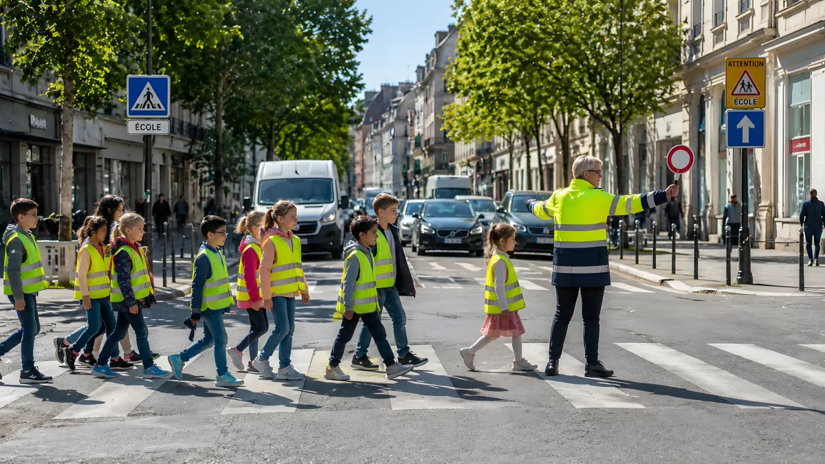 Schulkinder überqueren Zebrastreifen in Frankreich