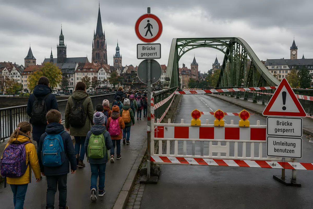 Schulklasse auf gesperrter Brücke in deutscher Altstadt