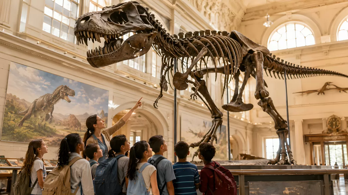 Schulklasse bestaunet T-Rex-Skelett im Naturkundemuseum