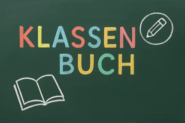 Schulkreide-Klassenbuch mit Schulutensilien-Symbol