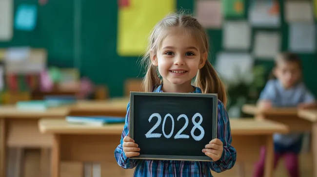 Schulmädchen mit Tafel für Jahr 2028