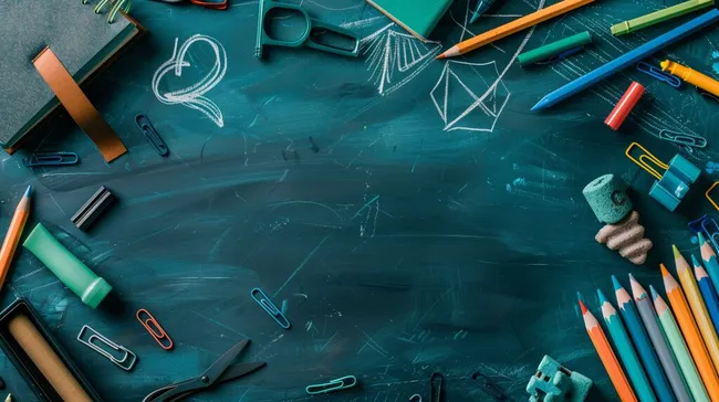 Schulmaterialien auf einer Kreidetafel