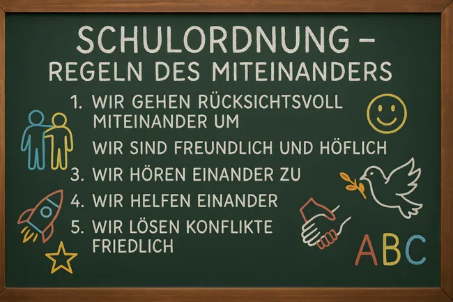 Schulregeln-Tafel mit bunten Symbolen