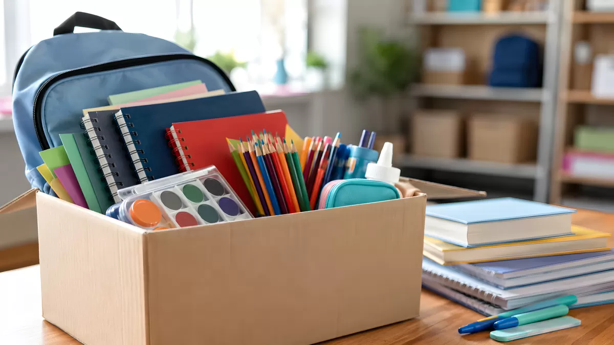 Schulrucksack mit buntem Schulmaterial in Kartonbox