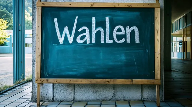 Schultafel mit Wort 'Wahlen' im Schulhof