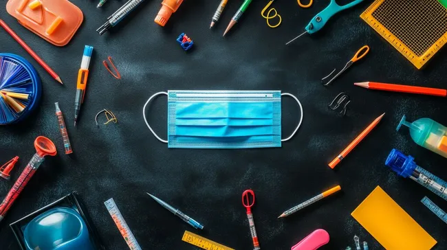Schulutensilien und medizinische Schutzmaske auf schwarzem Hintergrund