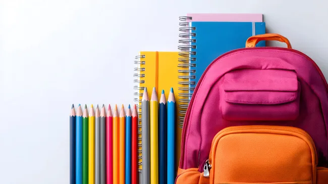 Schulutensilien und Rucksack in bunten Farben