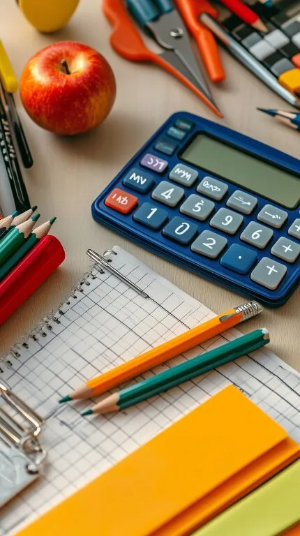 Schulutensilien und Taschenrechner auf Schreibtisch