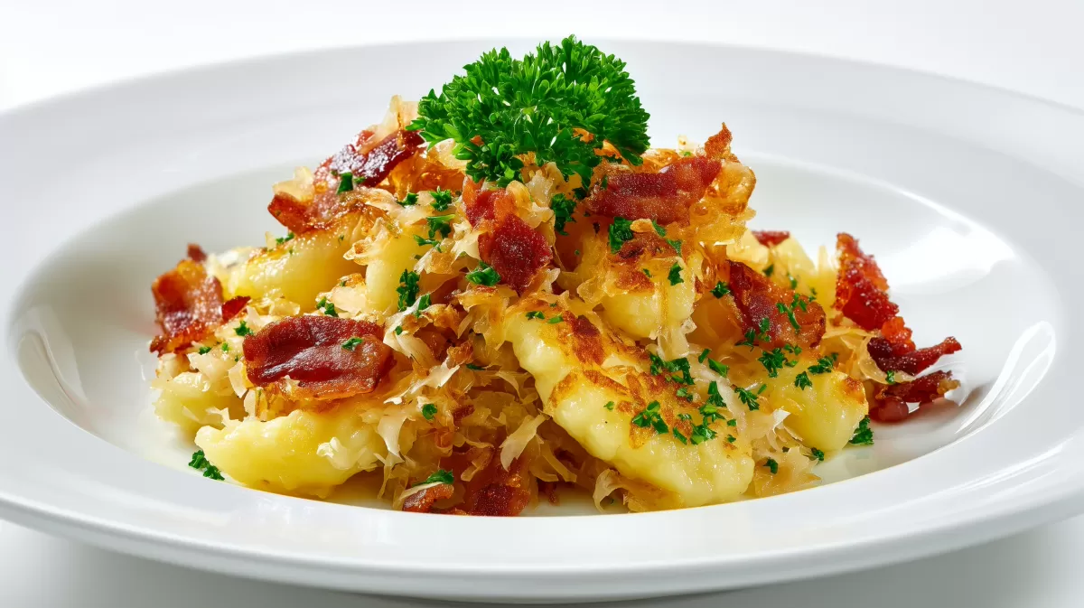 Schupfnudeln mit Sauerkraut und knusprigem Speck