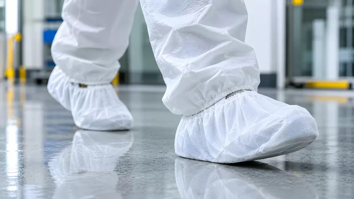 Schutzanzug mit Überschuhen in steriler Umgebung