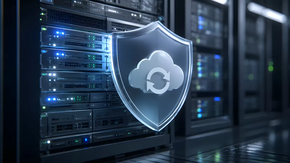 Schutzschild mit Cloud-Symbol vor Serverrack im Rechenzentrum