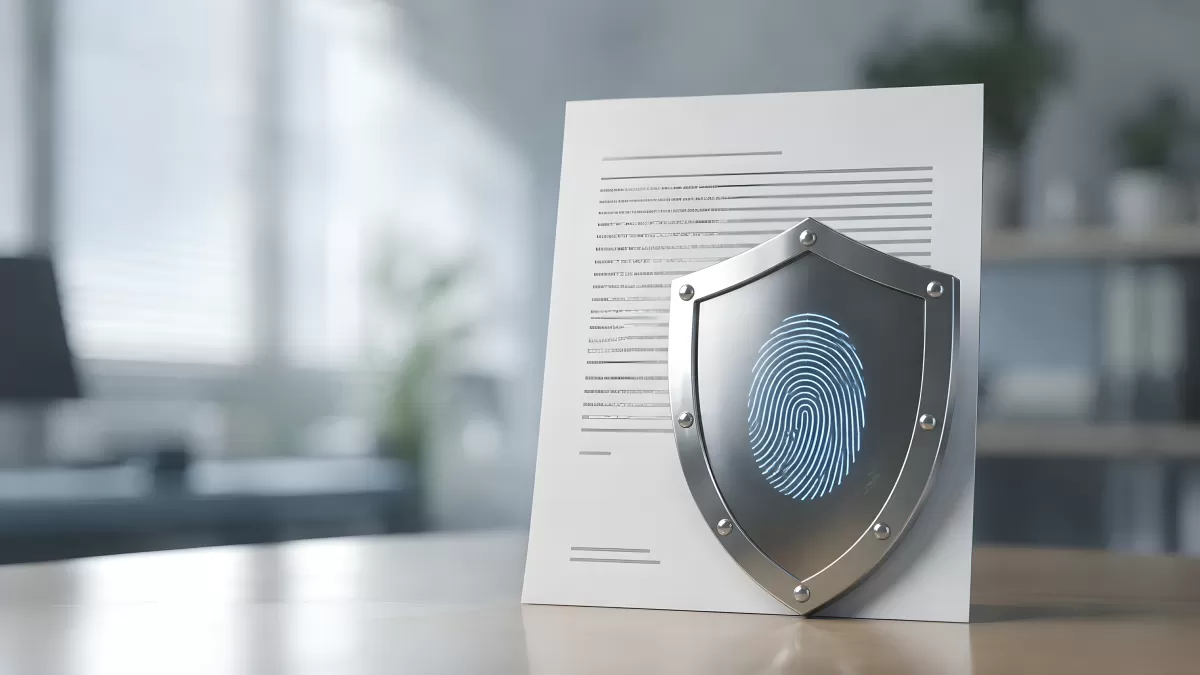 Schutzschild mit Fingerabdruck vor Dokument im Büro