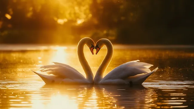 Schwanenpaar in romantischem Sonnenuntergangslicht