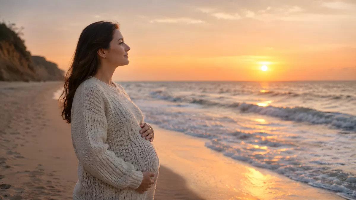 Schwangere Frau am Strand beim Sonnenuntergang
