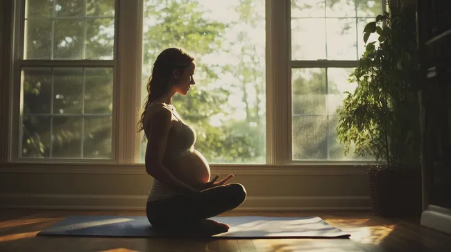 Schwangere Frau bei der Yoga-Praxis am Fenster