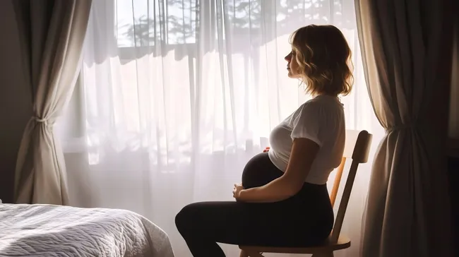 Schwangere Frau beobachtet den Schneefall am Fenster