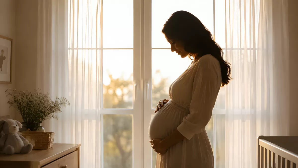 Schwangere Frau hält Babybauch am Fenster im Gegenlicht